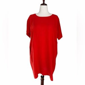 Eileen Fisher Organic Linen Red Shift Dress PM Short Sleeve Pockets Minimalist